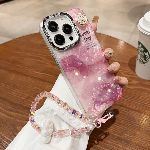 Shell Pattern Pink Marble 3D Flower With Bracelet Phone Case Anti-fall Protection For iPhone